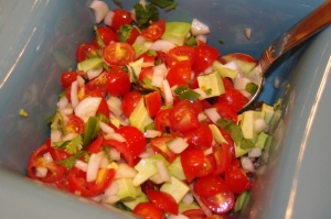 Meanwhile, I mixed up a Pico de gallo. I really do not have a set recipe for this. Diced tomato, onion, jalapeno and cilantro, lime juice, salt. This time I added diced avocado.